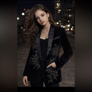 Black Velvet Tuxedo Blazer Floral Beaded Embellished XS Formal Prom Performance